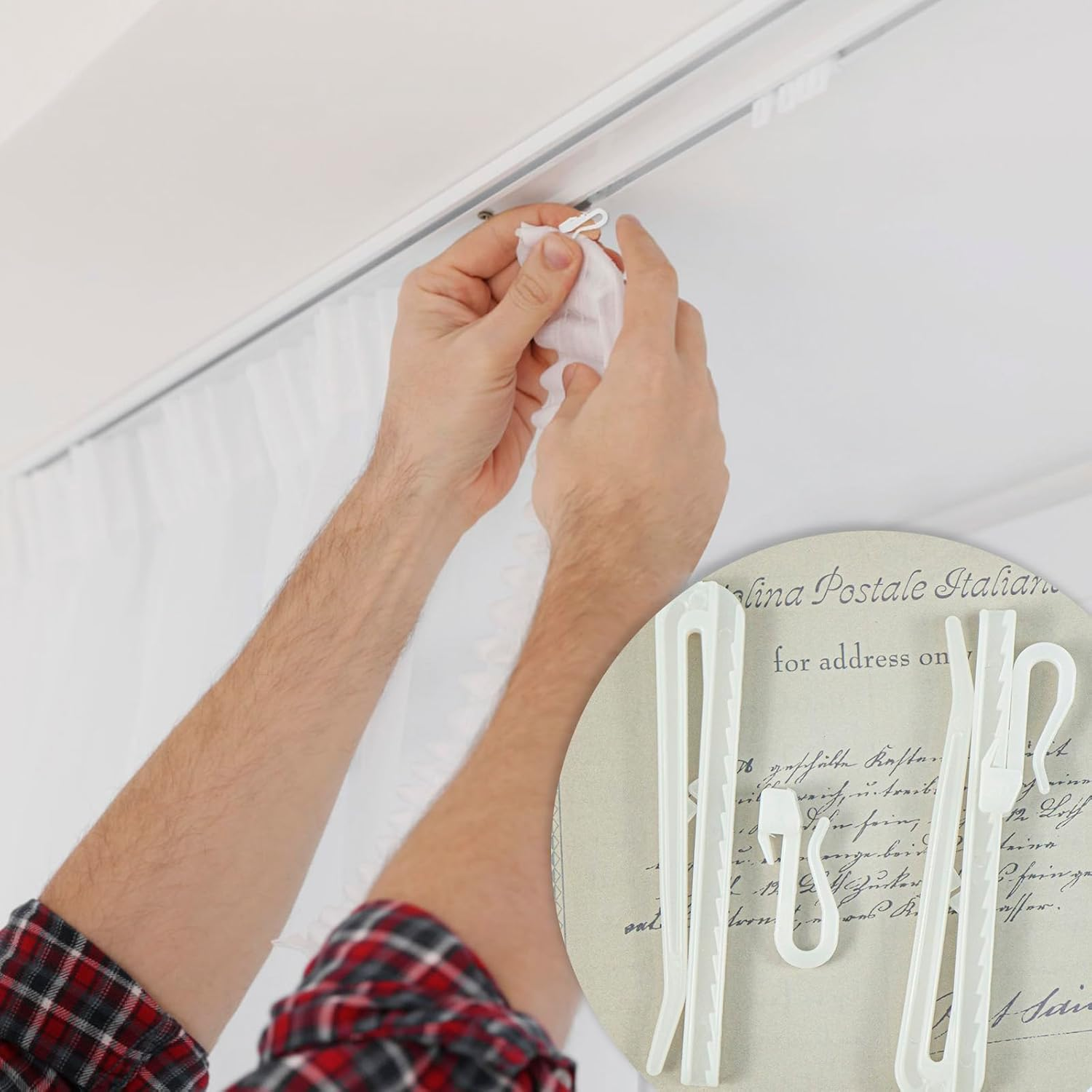 120Pcs White Plastic Curtain Hooks,Adjustable Depth Pinch Curtain Hook Clips,Ratchet System Pinch Pleat Curtain Hooks for Window Curtain, Door Curtain and Shower Curtain (White) image number 4