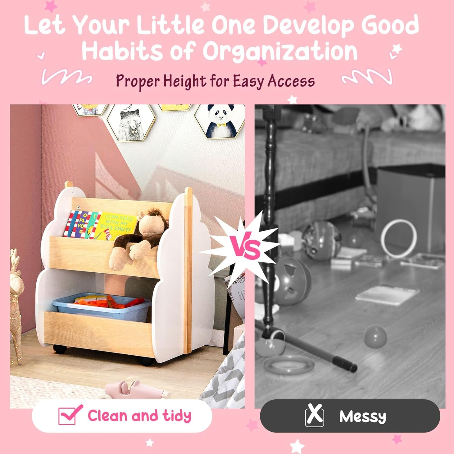 HONEY JOY Kids Wooden Bookshelf, Toddler Double-Sided Bookcase Toy Storage W/Universal Wheels, 2-Tier Children Storage Shelf Book Rack for Kids Room, Playing Room, Classroom, Kindergarten, White