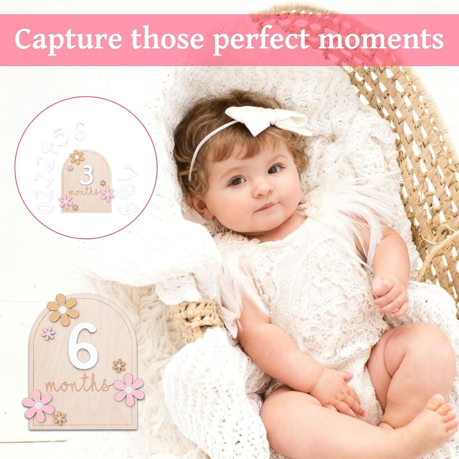 Baby Milestone Cards, Baby Items, Baby Stuff, Monthly Milestone, Monthly Milestone Cards, Wooden Milestonesigns, Interchangeable Number Set of 11 to Document Your Baby'S Growth (Flower) image number 2