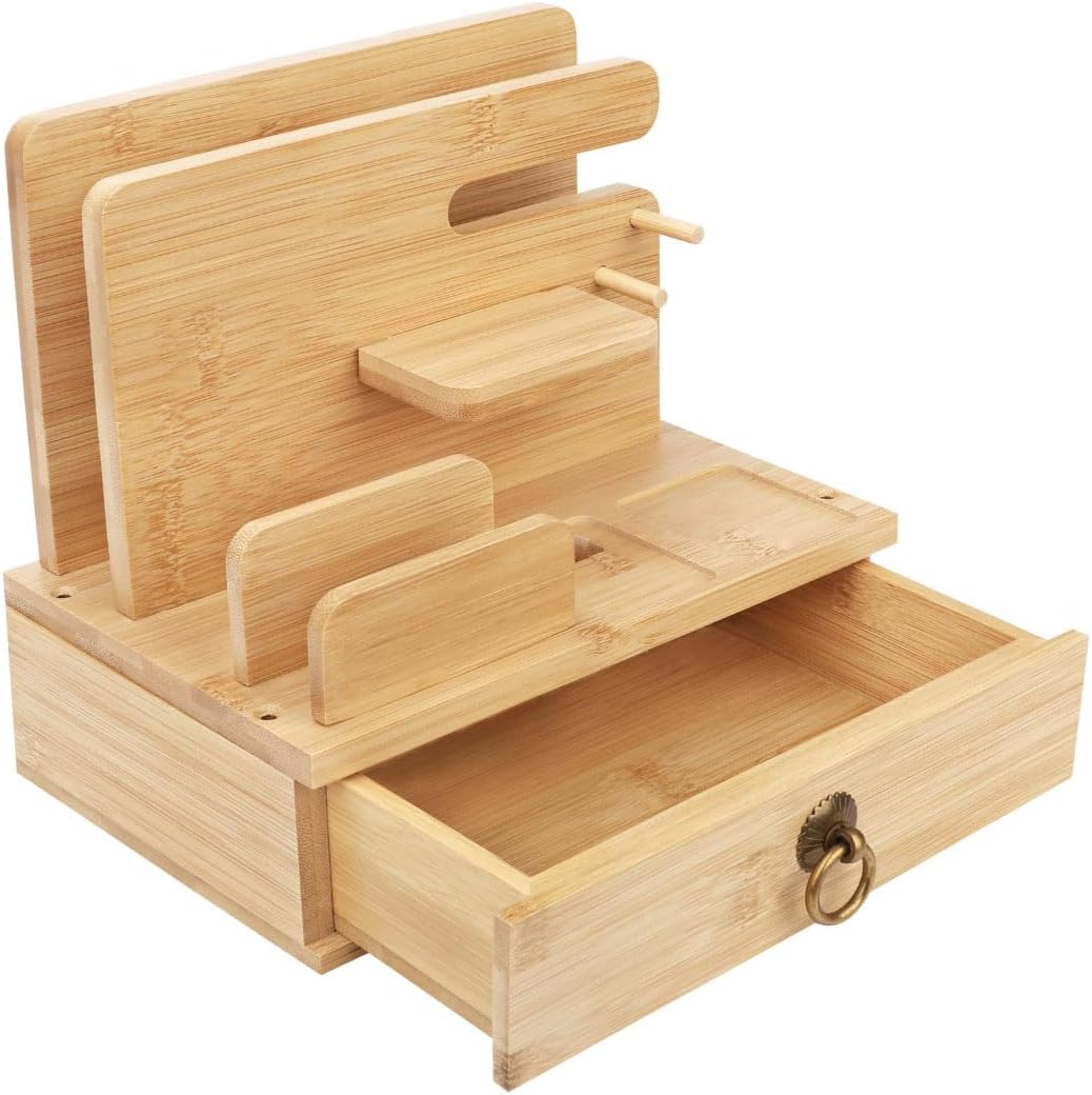 Bamboo Multiple Device Desktop Charging Dock Station Watch Organizer Key Holder with Drawer for Iwatch,Airpods,Ipad,Smartphones,Tablets,Kindles image number 1