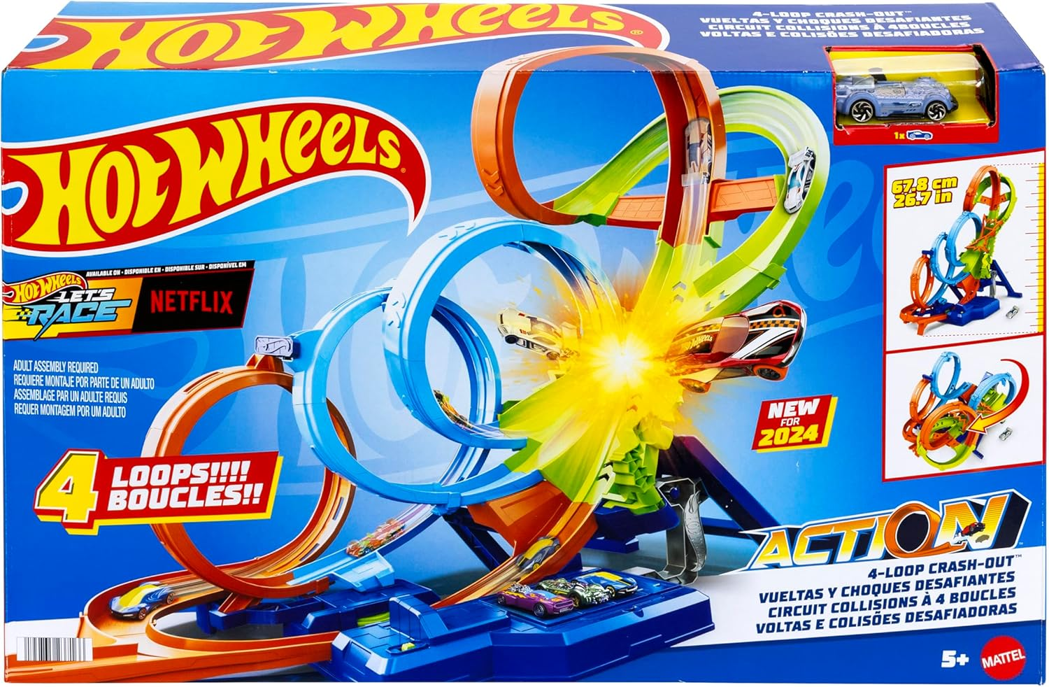 Hot Wheels Toy Car Track Set with 4 Loops, 3-Way Crash Zone and Motorized Booster, Folds for Storage, with 1:64 Scale Toy Car image number 3