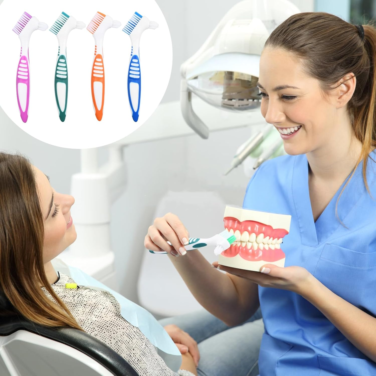4PCS False Teeth Brush, Multi-Layered Bristles False Teeth Brush, Denture Brush, Denture Toothbrush, Dual Head Toothbrushes, Retainer Brush for Cleaning Dentures image number 1