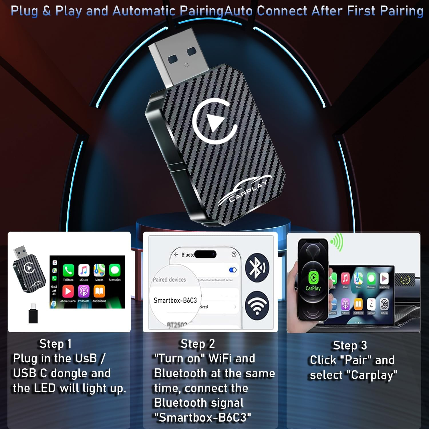 Wireless Carplay Adapter, Wireless Carplay Dongle, Plug and Play Adapter, Compatible with Cars from 2016 & Iphone Ios 12+（Black） image number 2