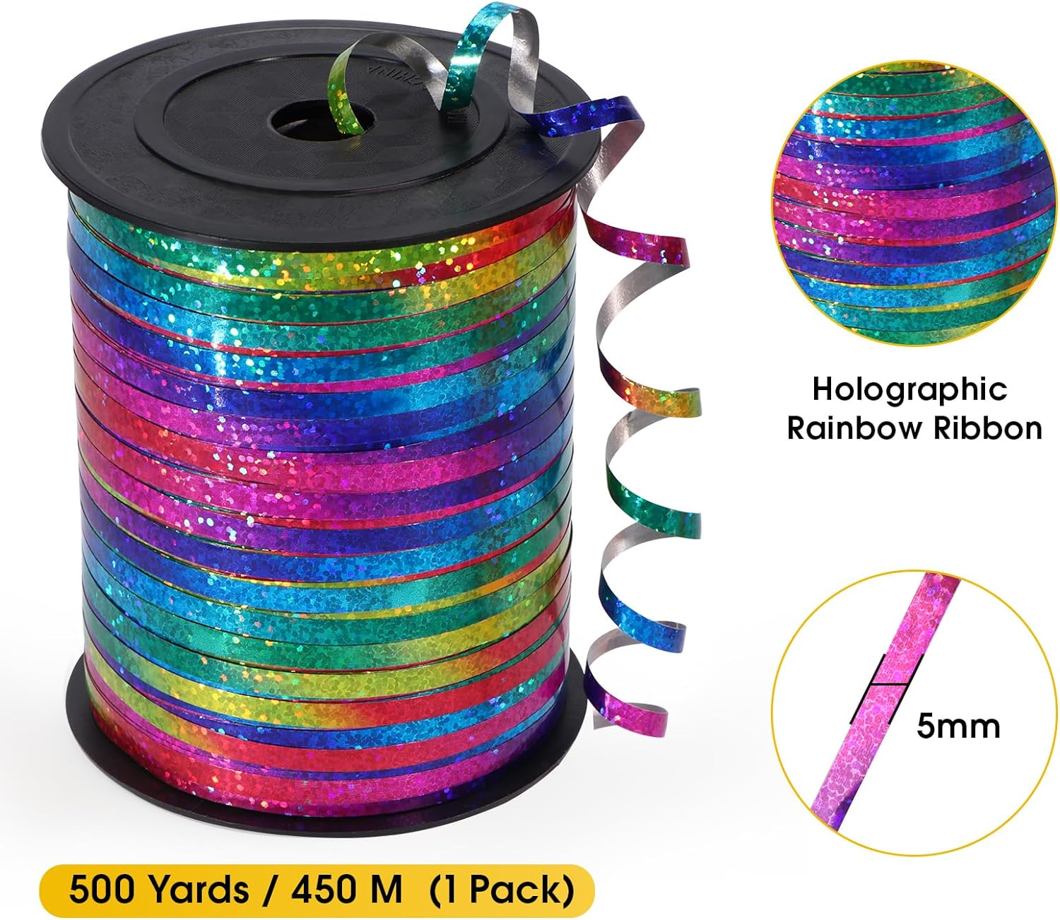 500 Yard Rainbow Ribbon Curling, Balloon Ribbon-Balloon String, Shiny Metallic Curly Roll for Gift Wrapping Ribbon for Wedding, Birthday Decoration, Baby Shower, Christmas - Glitter Rainbow Ribbon image number 4