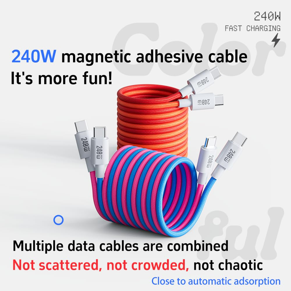 BELAROI PD240W/140W/100W Ultra-Fast Charging Cable, USB-C Magnetic Retractable, PD3.1 Compatible 480Mbps Data Transfer, Supports Tablet/Iphone15/Huawei/Xiaomi 1M Durable Quick Charger (Orange) - Pink image number 4