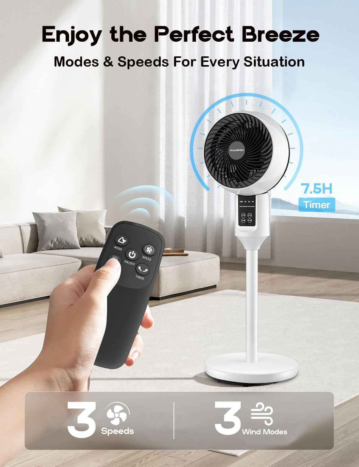 Anyuainiya Pedestal Fan, 3 Heights Adjustable Standing Fan Air Circulator, 90&deg; Oscillating Floor Fan, 3 Speeds & 3 Modes, 26Db Quiet Room Fan, Home, Office image number 5