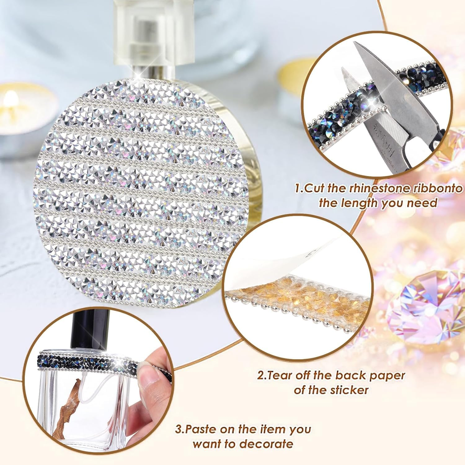 Rhinestone Ribbon, Self Adhesive Resin Rhinestone Bedazzling Strips Glitter Crystal Diamonds Tape Sparkling Rhinestones Trim for Belt Shoes Clothing Car Phone (Gold, One Size)