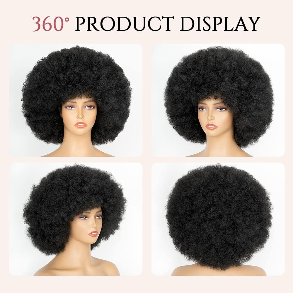 Aminow 70'S Afro Wig for Women, Natural Black Short Afro Curly Wig, Glueless Synthetic Wig with Bangs, Puffy & Fluffy Bouncy Afro Wig for Daily Cosplay Party image number 1