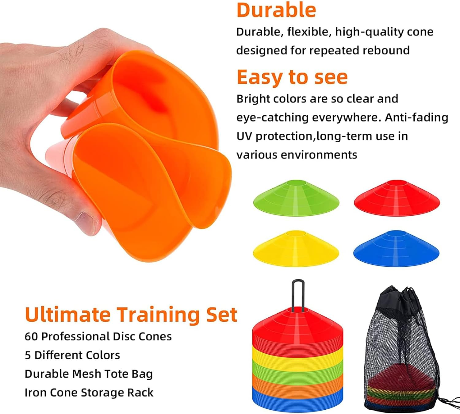 60 Pack Agility Soccer Cones with Carry Bag and Holder for Training,Sports Cones,Disc Sports Cones,Football Cones for Drills Distraining Cones for Basketballs,Agility Football Cones Set