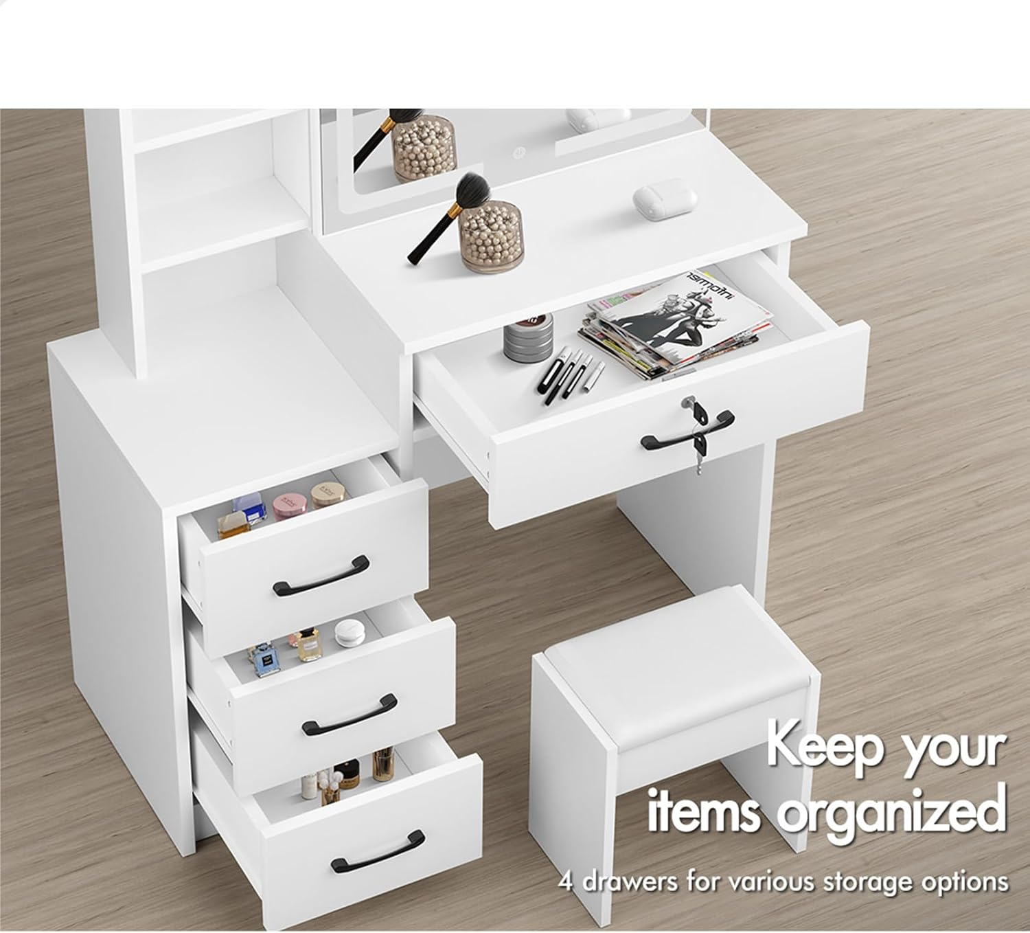 ALFORDSON 4-Drawer Vanity Set, Lockable Drawer & Sliding Mirror, Bedroom Vanity Table, 80X36X131.5Cm, White - 3 Color Lights, Hidden Storage Stool image number 4