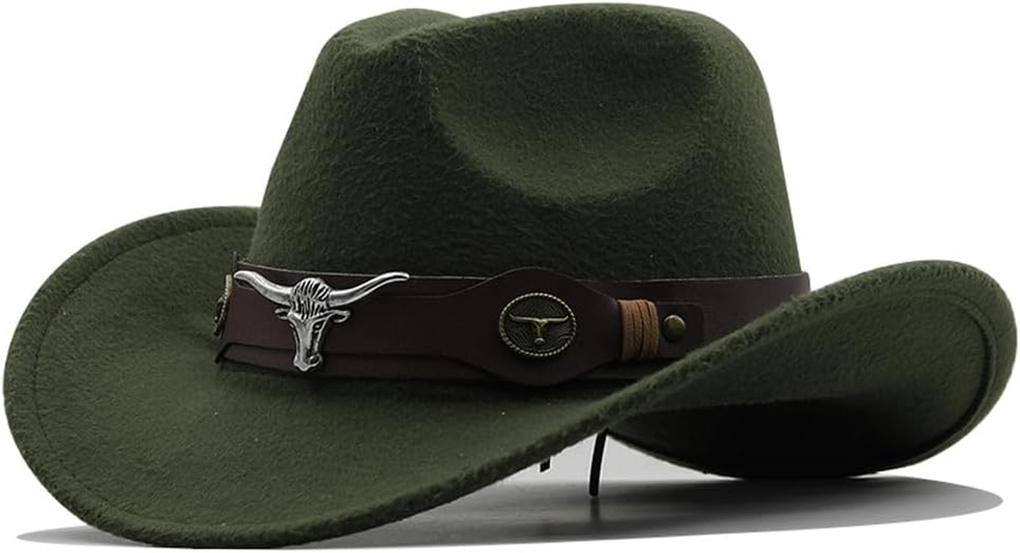 AIMALL Top Hat Ethnic Style Cow Label Western Denim Top Hat, 4.72-Inch Retro Woolen Felt Riding Hat with Adjustable Ribbon, Metal Stud Decor, Sweatband, Fits Head Circumference 22.02-22.81 Inches