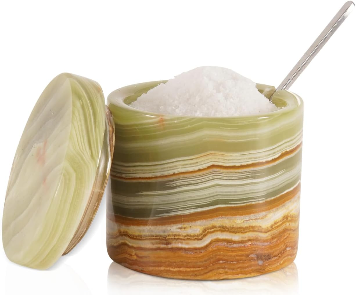 SPESHSTONES Marble Salt Cellar with Lid and Spoon 3'' Inches White Salt Container Handmade Spice Seasoning Containers for Kitchen Storage Accessories - Salt Box & Ideal Sugar Bowl, Flaky Salt Cellar