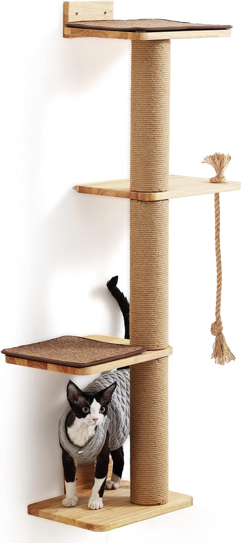 FUKUMARU Cat Scratching Activity Tree Wall Mounted, 50 Inch Scratch Post for Large Cats, with Bed, Rubber Wood Scratcher Posts Kittens, Brown (CP03) image number 5