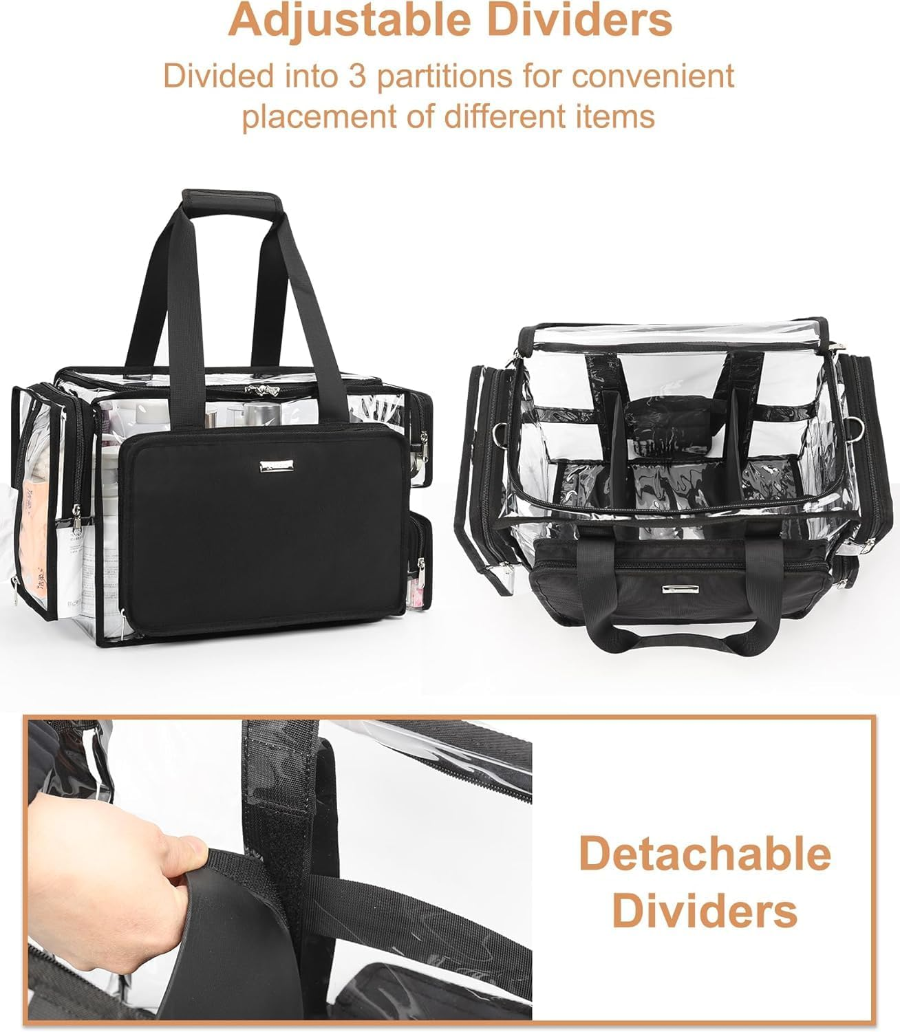 Relavel Clear Makeup Bag Extra Large Makeup Artist Set Bag, Cosmetic Storage Organizer Hair Stylist Travelling Bag, Transparent Tote Duffle Beach Toiletry Bag with Adjustable Dividers image number 4
