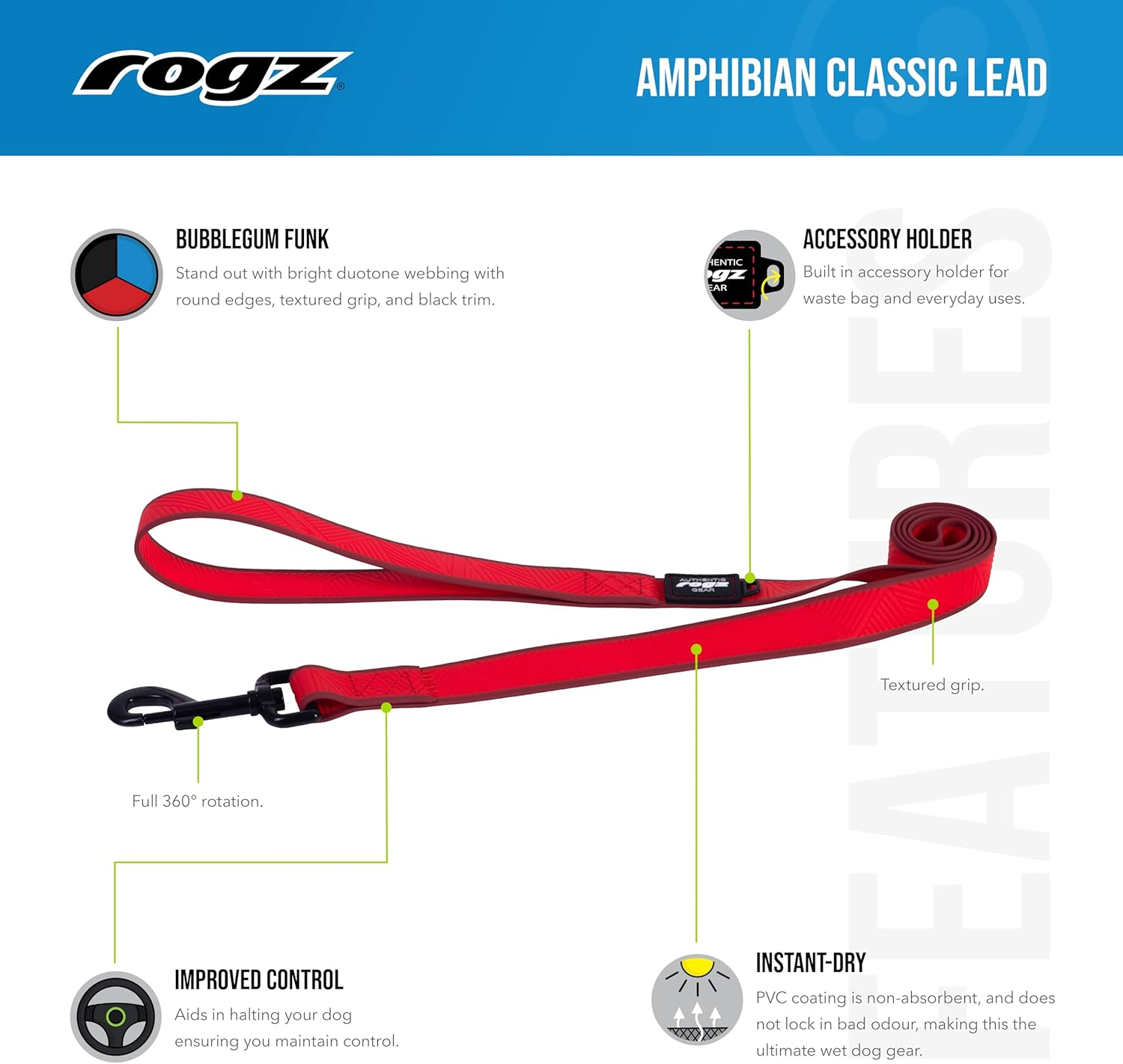 Rogz Amphibian Classic Dog Lead, Red, Large