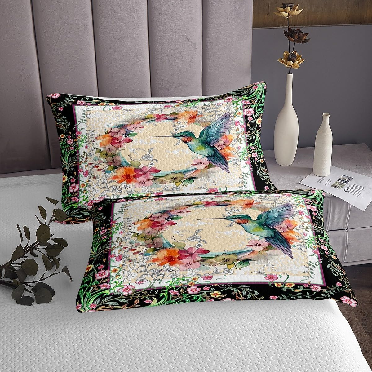 Manfei Hummingbird Flowers Woman Bedspread Set M Size, Watercolour Floral Leaves Botanical Bedding Set, Children Girls Teens Adult Room Decor, Natural Animals Comforter Set Spring Garden Quilt Set - Multicoloured 12 image number 2