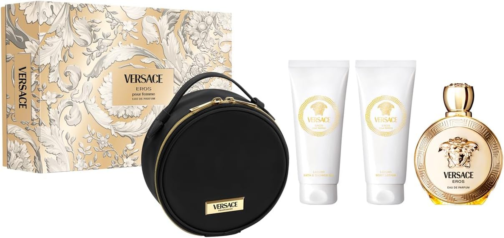 Versace Eros by Versace for Women - 4 Pc Gift Set EDP Spray, Luxury Body Lotion, Luxury Shower Gel(3.4 Oz Each),Round Make up Case