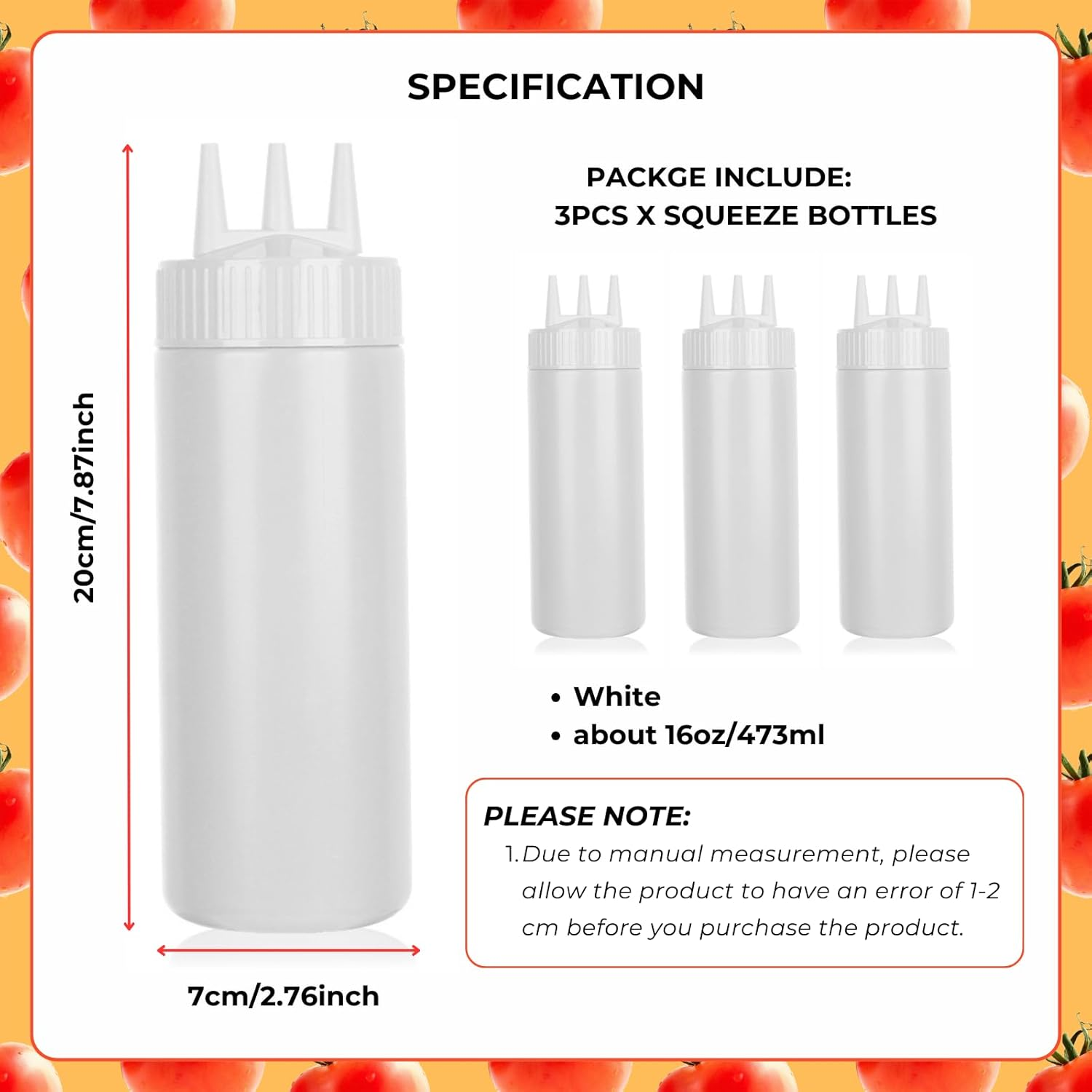 Beyonday 3Pcs Seasoning Bottles - 3 Hole Squeeze for Ketchup, Mustard, Dressing, Salad or Sauce (16Oz, White) image number 5