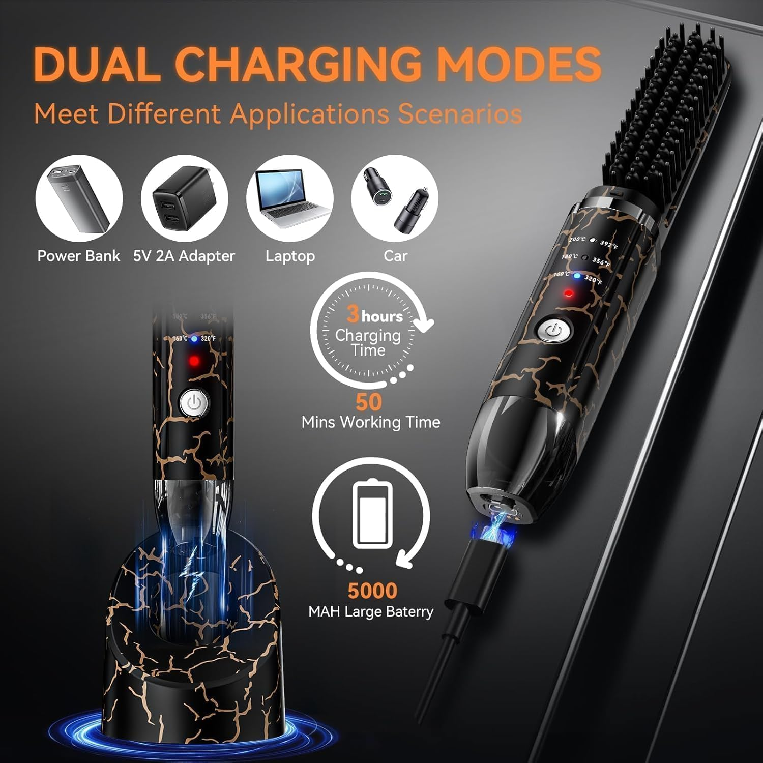 Beard Straightener for Men, Cordless Heated Beard Brush, Portable Beard Hot Combs, Ionic Mini Hair Straightener with 3 Temp Settings, Coarse Curly Hair Brush, Grooming Kit for Men image number 3