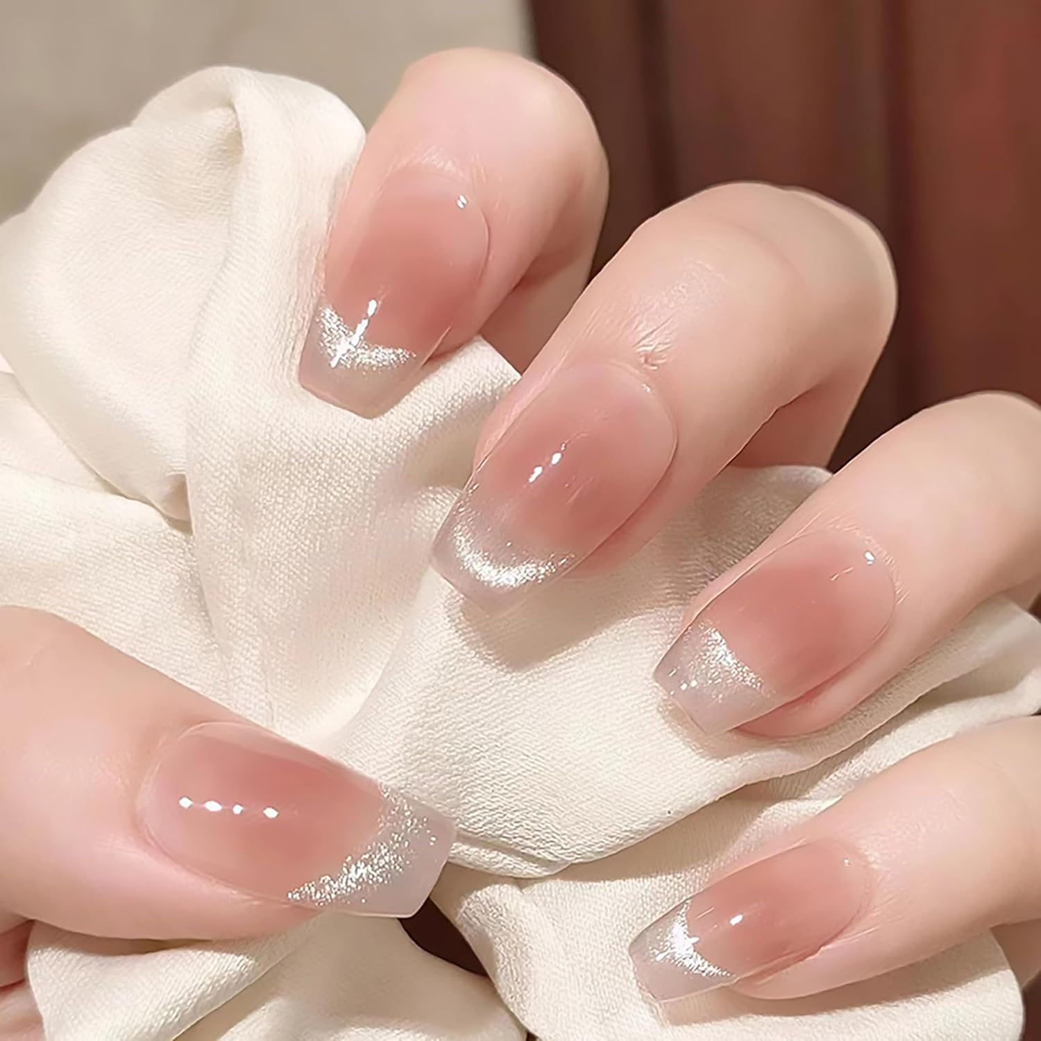 Press on Nails 24Pcs French Tip False Nails Long Almond Full Cover Acrylic Nails Laser Glitter for Women Girls Salon Home DIY Detachable Nail Art Deco Silver image number 1