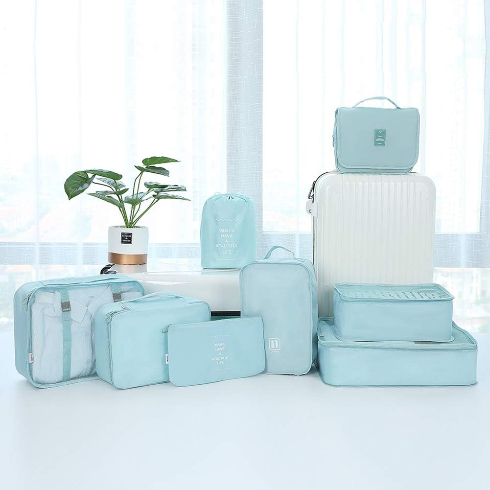 Belsmi Travel Garment Bags Set of 8 Travel Bag in Suitcase Travel Luggage Organiser Compression Bags Suitcase Organiser with Shoe Bag (Style B - Blue)