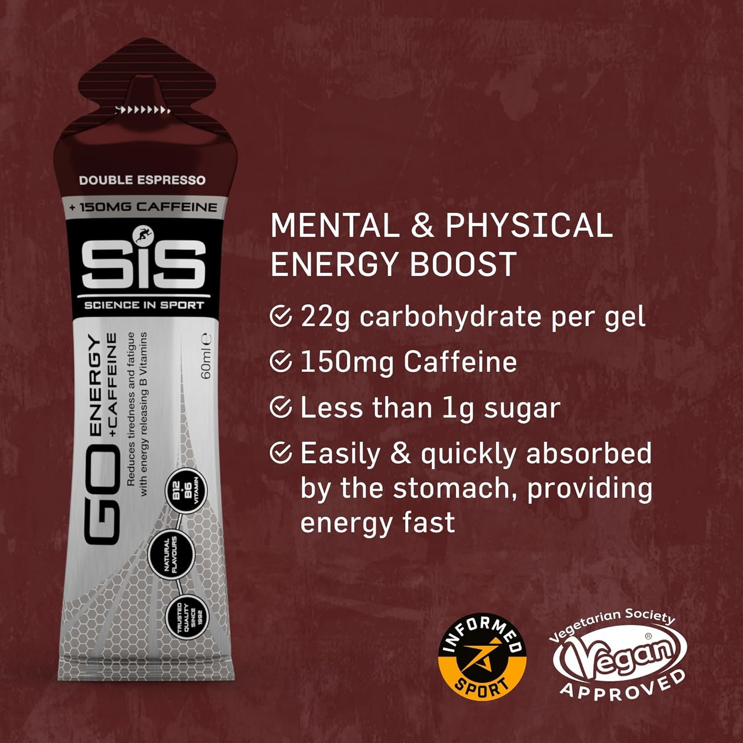 Science in Sport GO Isotonic Energy Gels, 150Mg of Caffeine, Running Gels with 22G Carbohydrates, Low Sugar, Double Espresso Flavour, 60Ml per Serving (30 Pack) image number 5