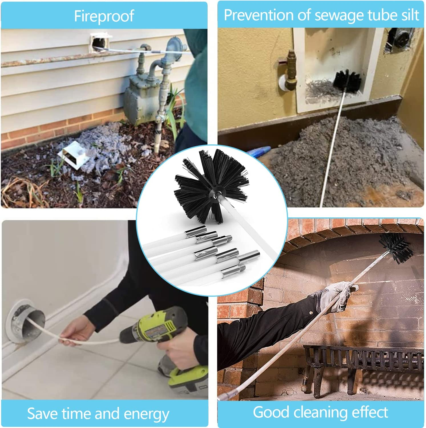 21.5Ft Chimney Cleaner Brush Kit, Duct Vent Rotary Cleaning Set,With 16 Flexible Rods, Brush Head, Gloves, Hexagonal Bar Chimney Sweep Kit for Fireplace/Dryer Vent/Sewage Pipe (Sets of 19Pcs) - Sets Of 12Pcs image number 6