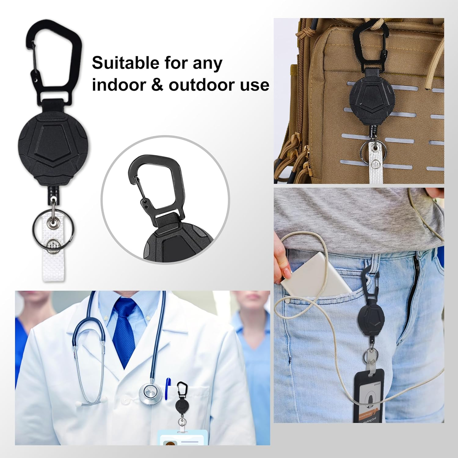 ONEIN Retractable Keychain with Carabiner Clip, Heavy-Duty Badge Reel with Steel Wire Rope, Reinforced ID Holder for Work, Outdoor, and Everyday Use &ndash; Pack of 2 image number 6