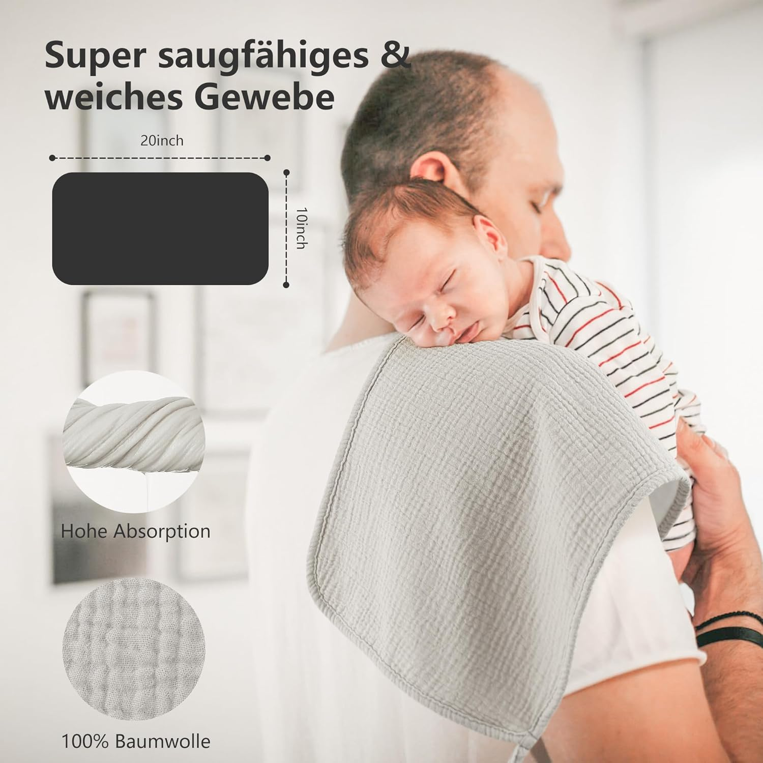 Bearmoss Molleton Cloths Baby 100% Cotton Soft Burp Cloths Baby, Breathable and Extremely Absorbent Muslin Cloth for Absorbent Muslin Cloths 60 X 60 Cm (White Apricot) image number 4