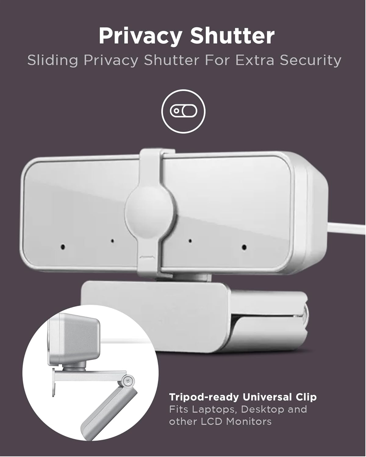 Lenovo HD 1080P Webcam (300 FHD) - Monitor Camera with 95&deg; Wide Angle, 360&deg; Rotation Pan & Tilt, Dual Microphones &ndash; Attachable Desktop Cam with Privacy Shutter for Remote Work, Streaming & Gaming image number 3