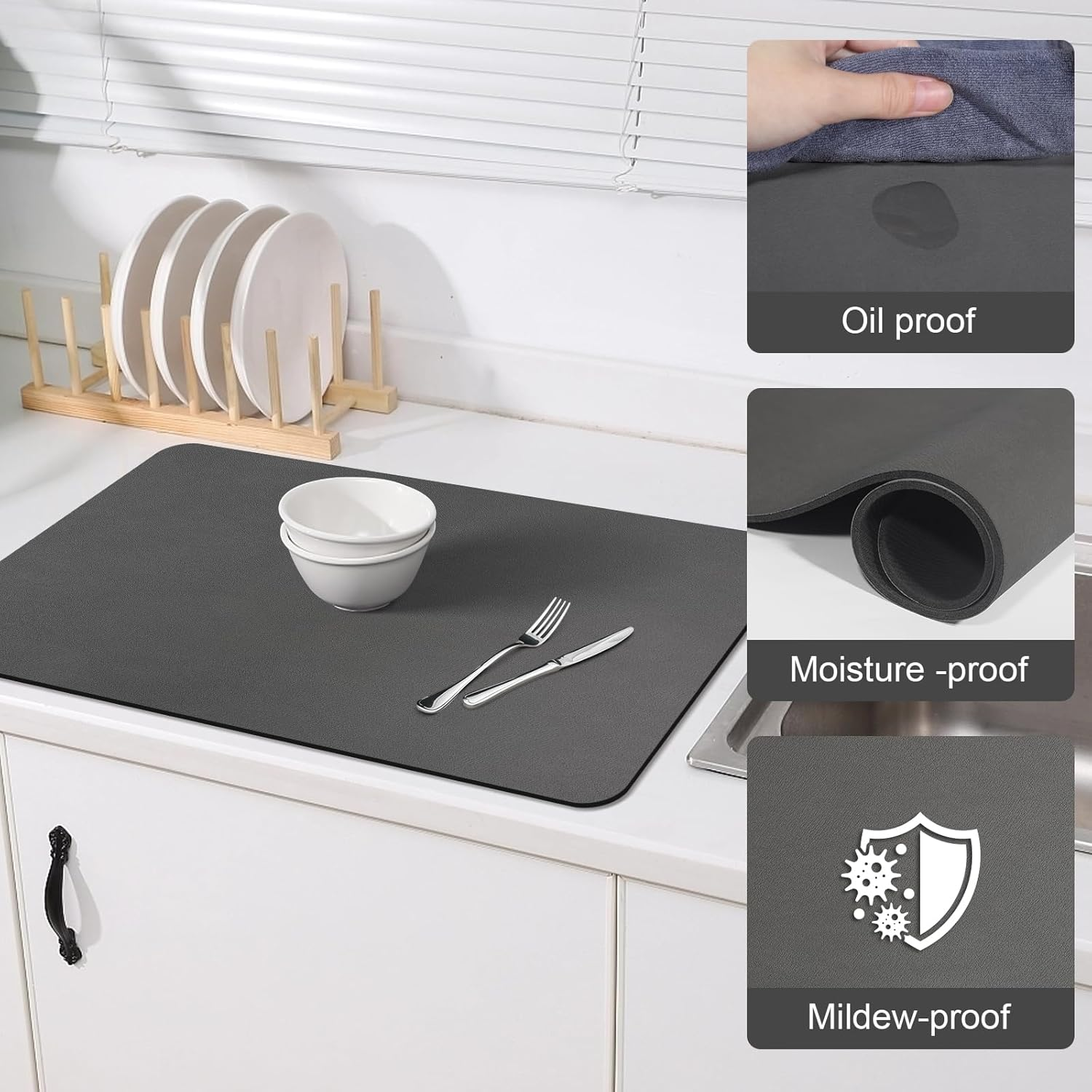Dish Drying Mat for Kitchen Counter, Rubber Backing Draining Mat ,Hide Stain anti Absorbent for Kitchen Counter, ,Easy to Clean Kitchen Accessories (Dark Grey, 40X60) image number 6