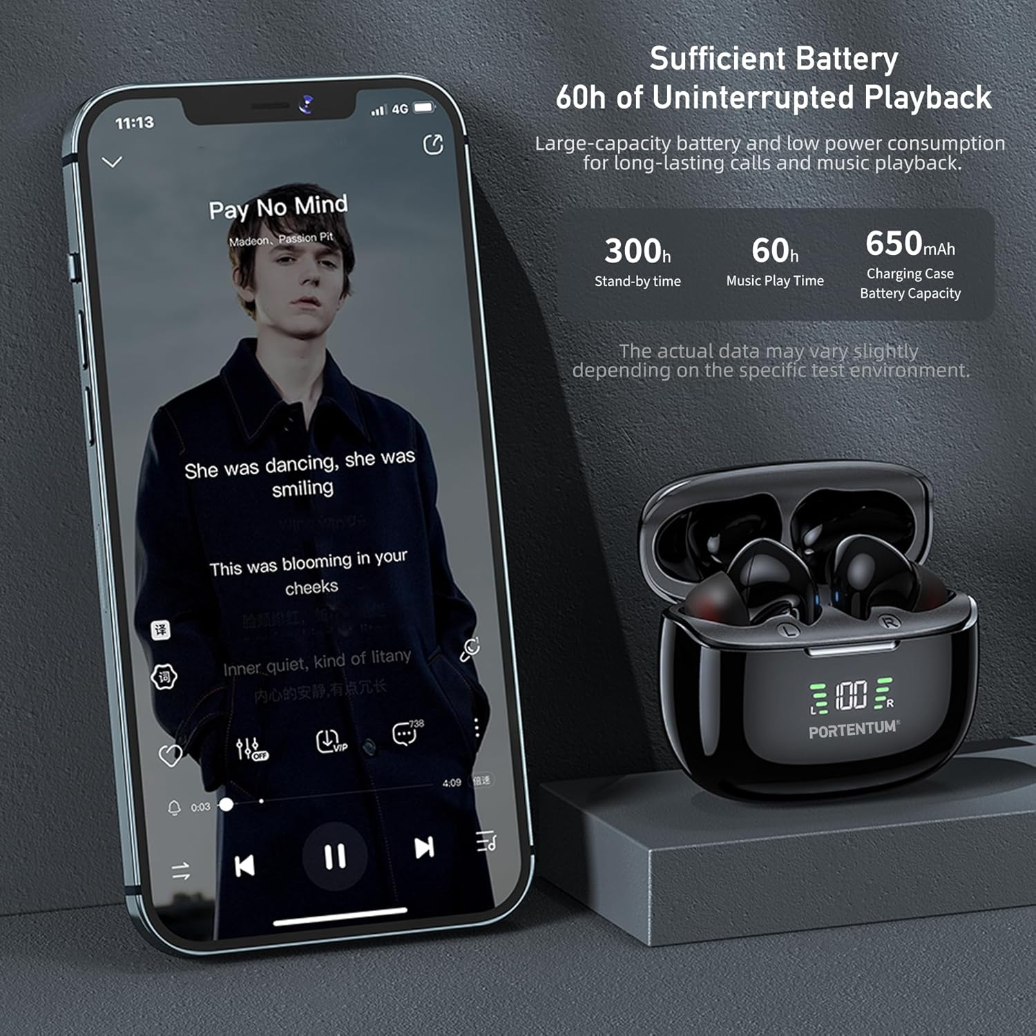 PORTENTUM Wireless Bluetooth 6.0 Headphones - Hybrid ANC + ENC Noise Cancelling - Battery Life 60H - In-Ear Touch Control IPX6 Waterproof - LED Indicator - Hifi Bass 10 Mm - Comfortable Fit - USB-C image number 2