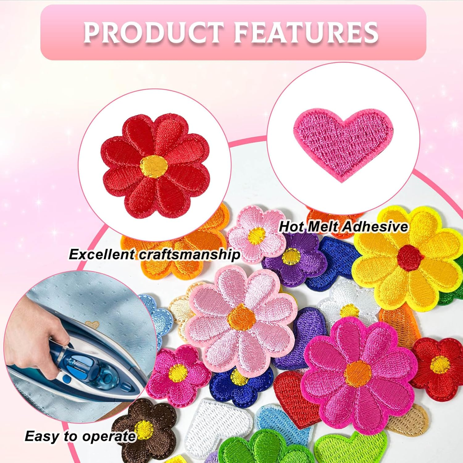 96 PCS Colorful Sew Iron on Patches for Clothing, Flower, Star, Heart Patches, Mini Embroidery Applique Patches for Backpacks Jackets Jeans Hats DIY Accessories (Colorful) image number 1