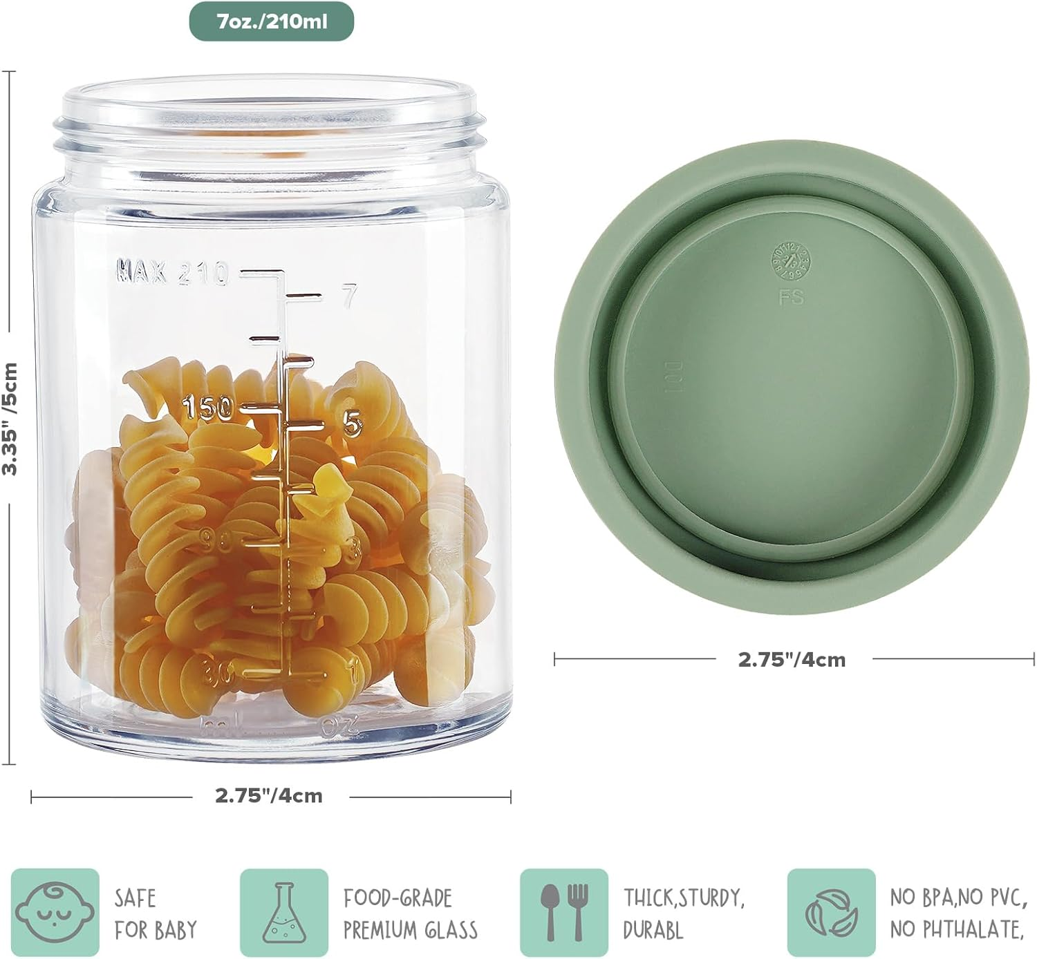 Haakaa Baby Food Storage Containers, Glass Baby Food Storage Jars with Silicone Lid, Baby Food Freezer Storage, 7Oz Baby Food Containers, Freezer Safe Microwave Safe. [4 Pack - Green Cover] image number 3