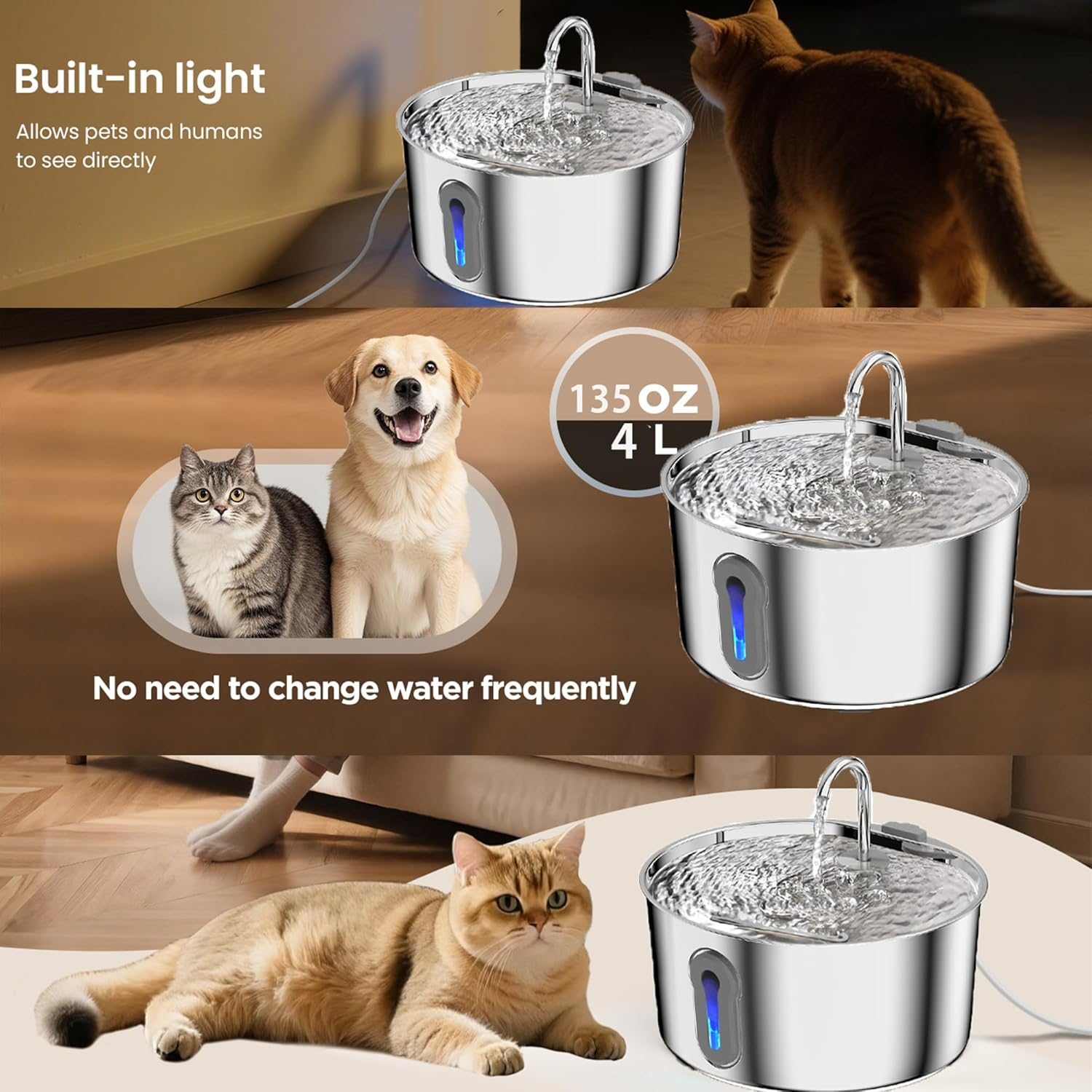 Cat Water Fountain Stainless Steel 4 L for Cats inside -Automatic Dog Watering Dispenser Bowl - Pet Feeding with LED Faucet Water Level Window Ultra Quiet Pump image number 2