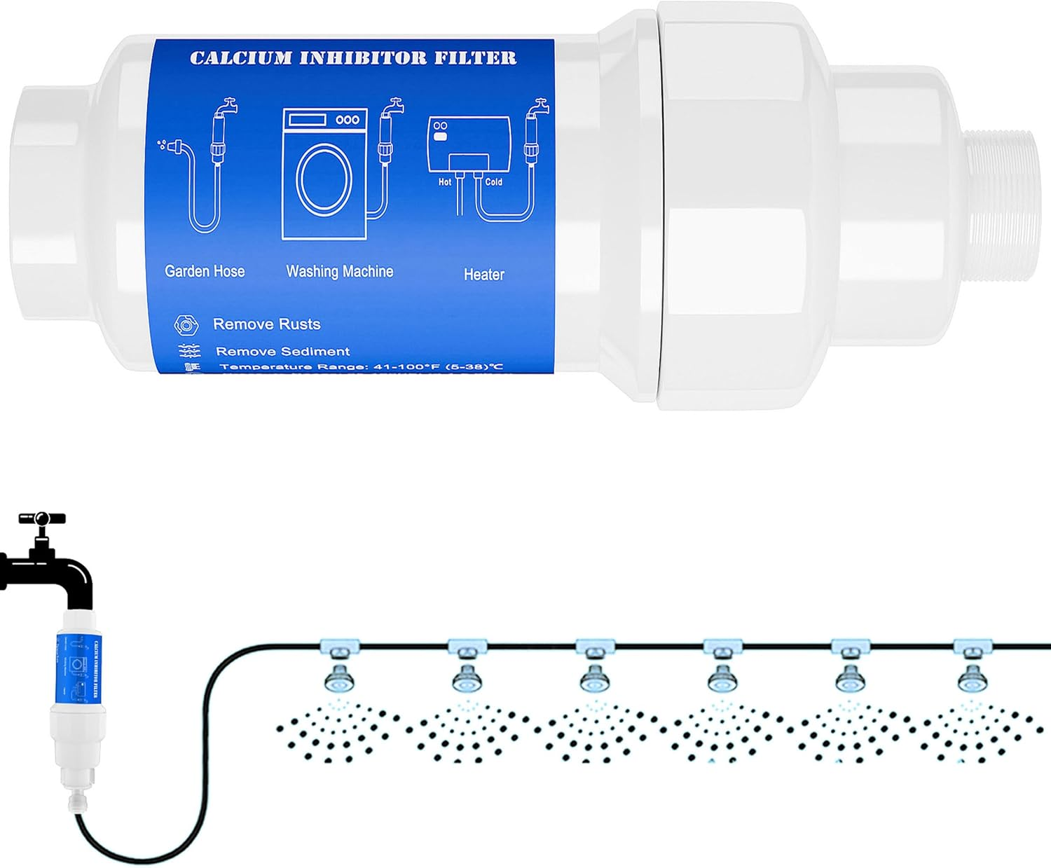 Mornajina Calcium Inhibitor Filter for 3/4" Standard Garden Hose and Faucets, Inline Sediment Anti-Scale Mister Filter for Outdoor Misting System Mist Nozzle, Preventing Scale Buildup from Clogging Up