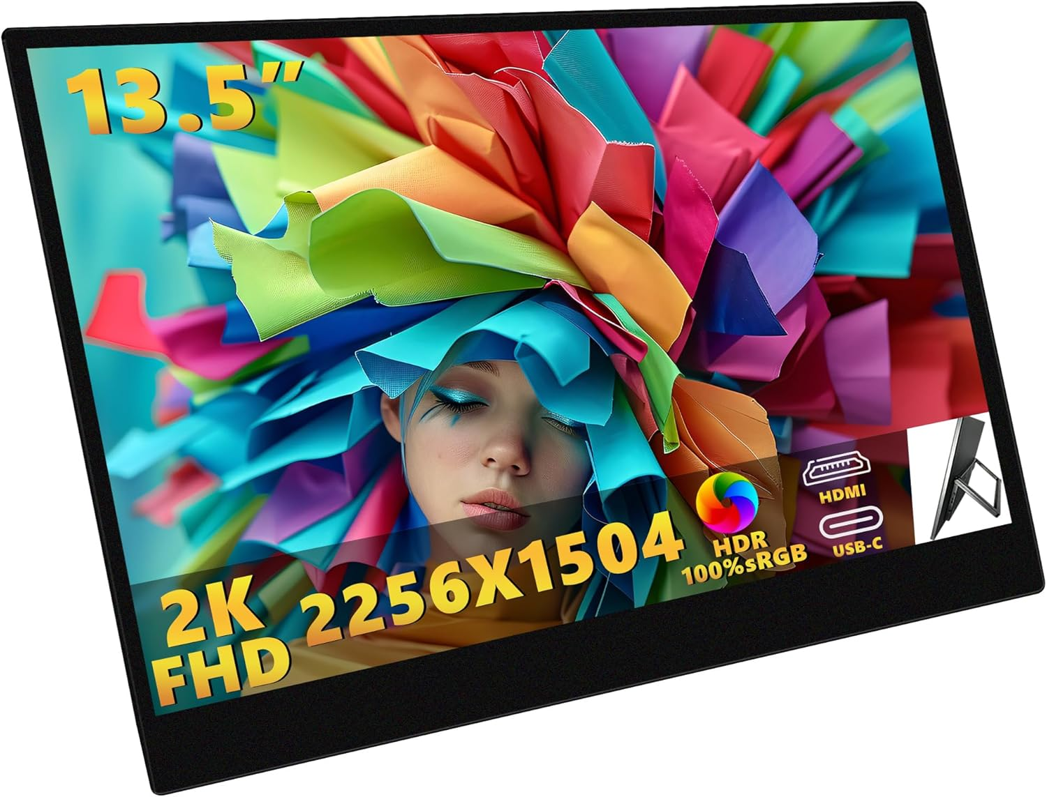 13.5 Inch 2K Portable Monitor-Ultra Slim, Full HD Display for Laptops, Pcs, Gaming, and More - USB-C and HDMI Connectivity, VESA Mount Compatibility, Eye-Care Technology, and Wide Viewing Angle image number 1