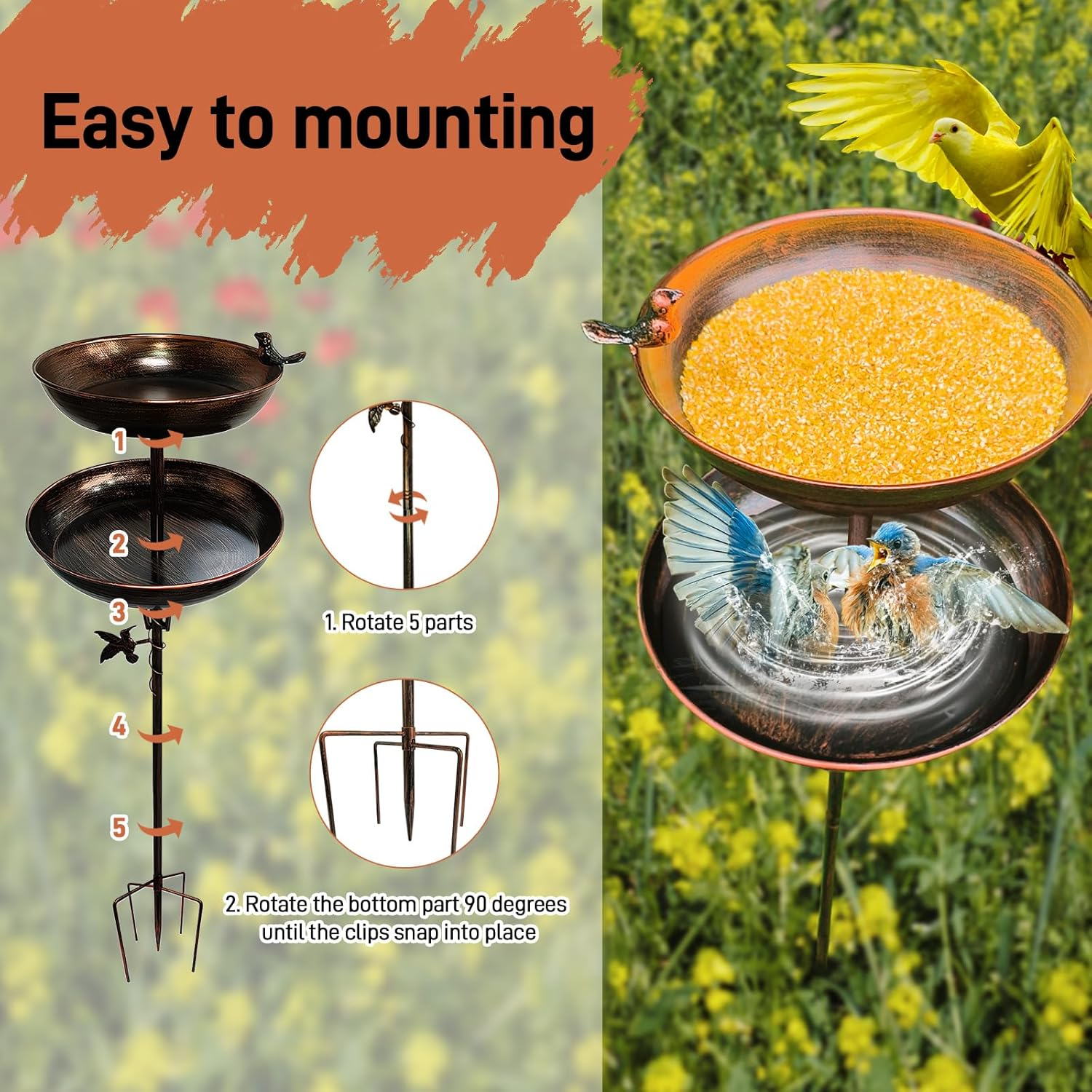 Double Standing Bird Feeder and Bird Bath 120 Cm, Antique Large Birdbath for Outside, Metal Hummingbird Water Feeder Bowl, Tall Sturdy Pedestal Stake for Outdoor Yard Garden Lawn image number 1