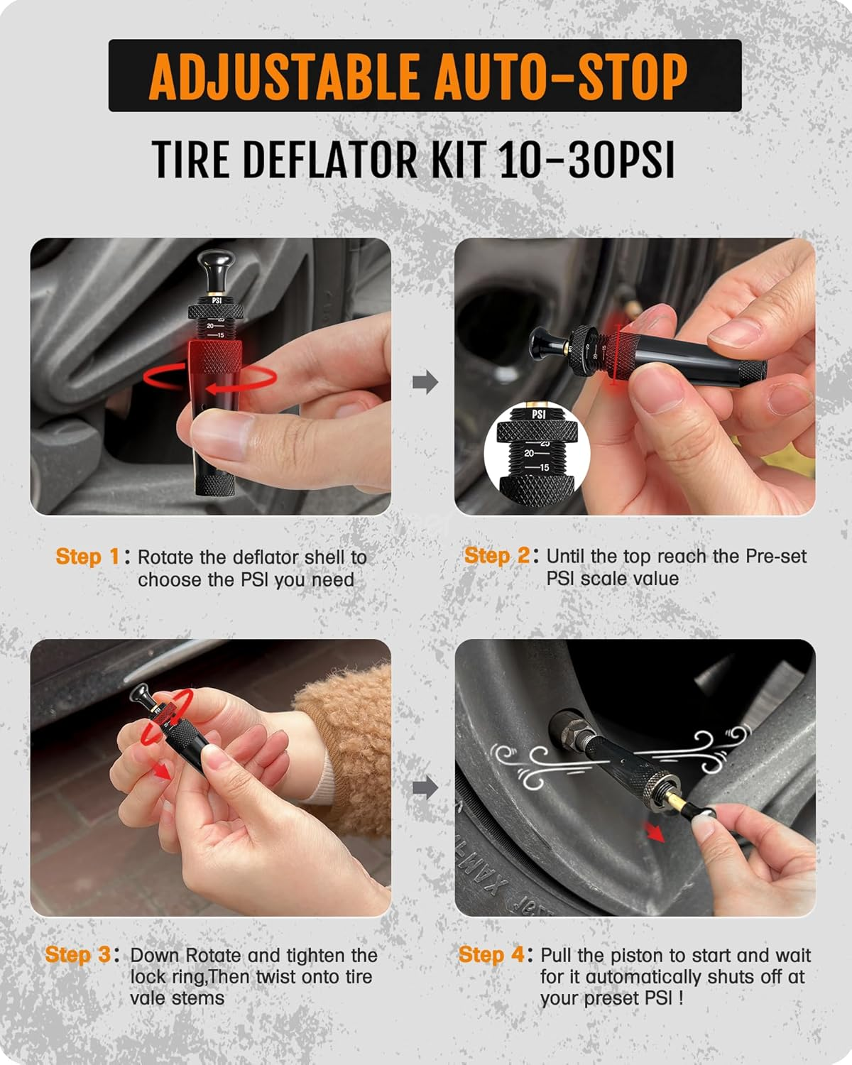 Adjustable Tire Deflator Kit 10-30Psi(4Pcs/Set),Auto-Stop Air down Tire Deflators Offroad Accessories Suit for Cars.Trucks - Silver image number 5