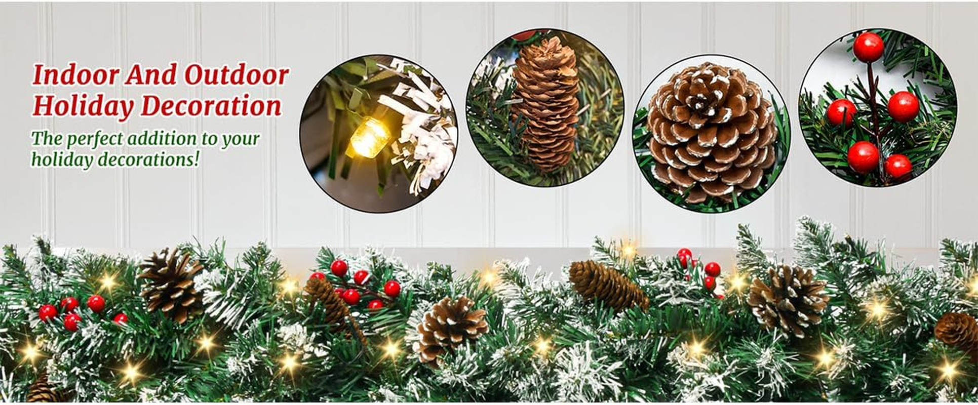 9 FT Christmas Garland with Lights,Battery Operated Lighted Garland with Pine Cones Red Berries Lush Branches,50 LED Lights 8 Modes,Christmas Decor Mantle Fireplace Indoor Outdoor Home (1, 9.02 FT) image number 4