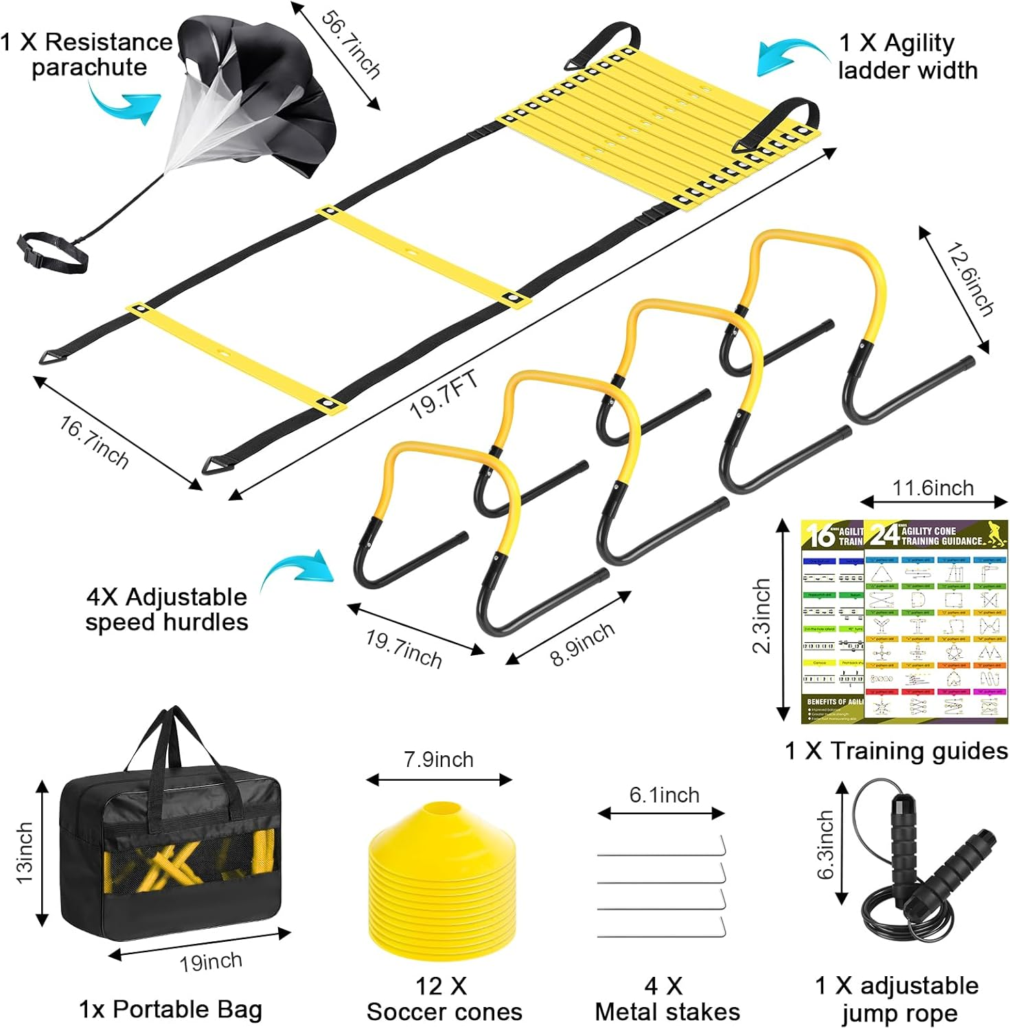 Agility Speed Training Equipment Set - 20Ft Speed Ladder, 12 Cones, 4 Adjustable Hurdles, Jump Rope, Parachute, 3 Resistance Bands | Ideal for Basketball, Football, Soccer, for Kids, Youth, Adults