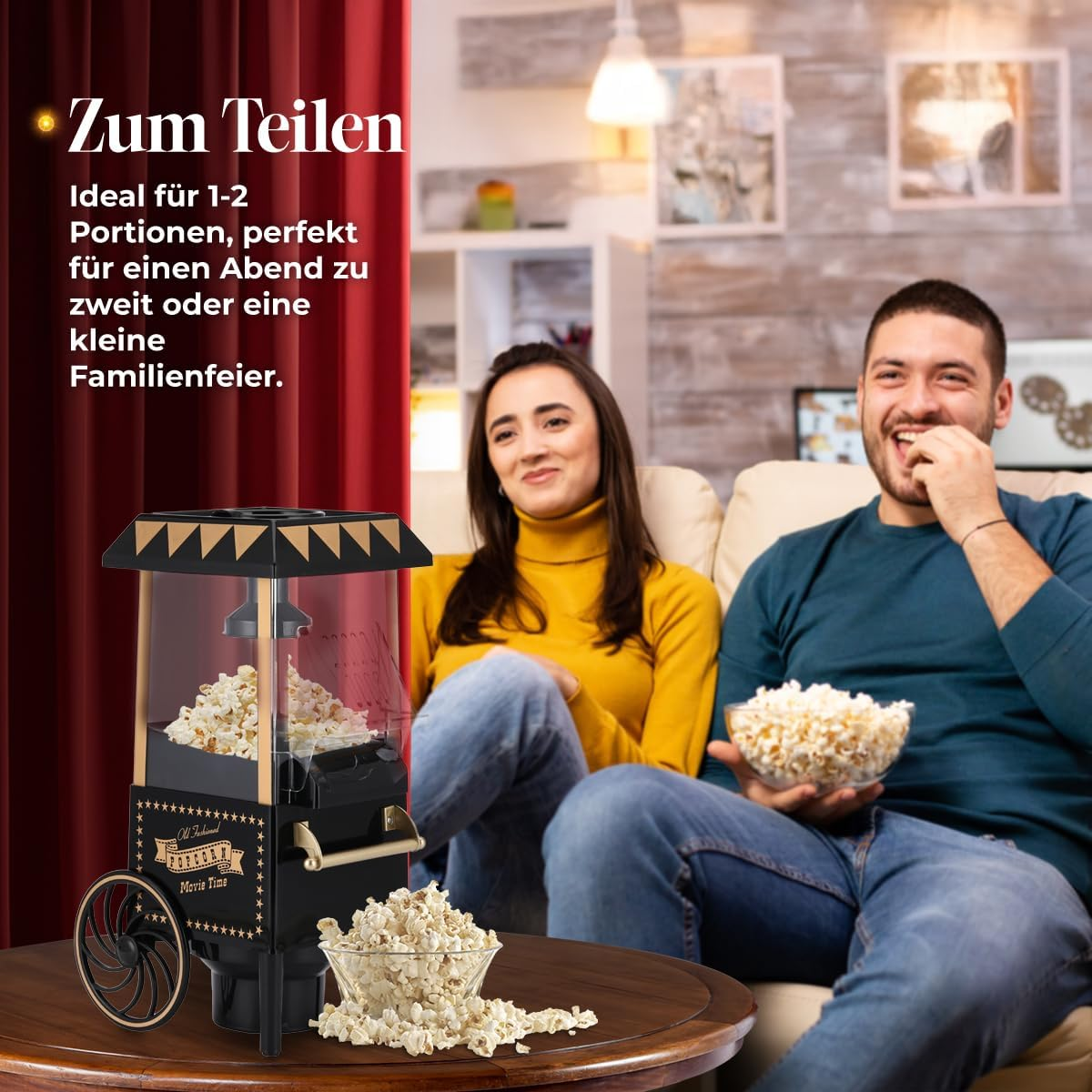 NK Popcorn Machine Retro Electric Popcorn Machine 1200W Easy to Use Button Preparation in 2 Minutes Hot Air 0.3L Portable Ideal for Home Black image number 4