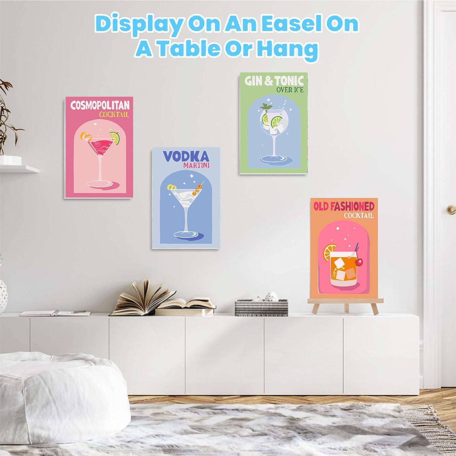 Ajepon 4 Pack Retro Cocktail Paint by Numbers Kit for Adults, DIY Vintage Easy Paint by Number with Framed Canvas, 8X12Inch