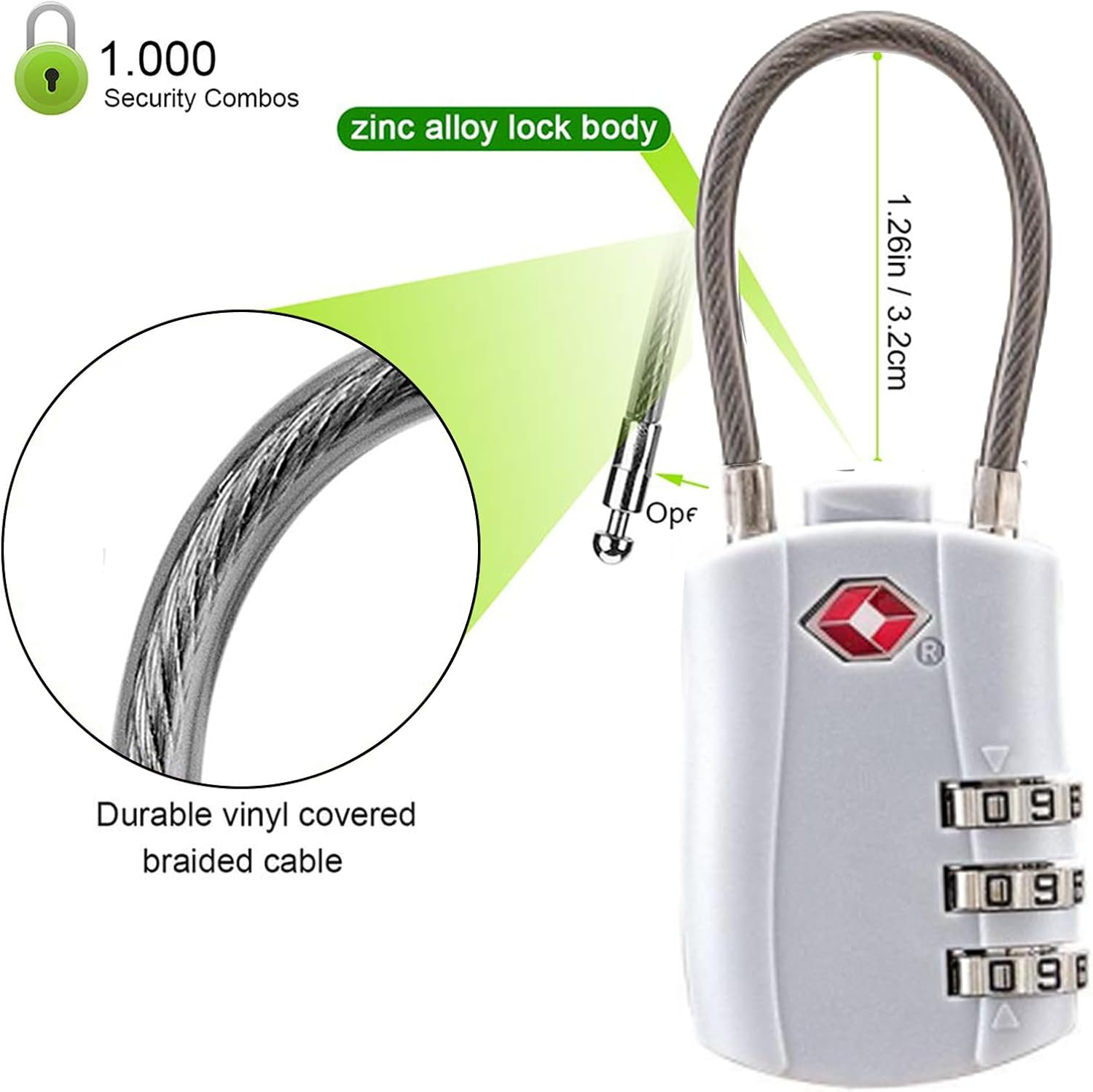 4 Pack TSA Approved Luggage Locks, Combination Travel Cable Lock, 3-Digit Waterproof Padlock with Alloy Body, Keyless Resettable Suitcase Locks for Travel, Lockers, Bags, Backpack, Gym (White - Black image number 2