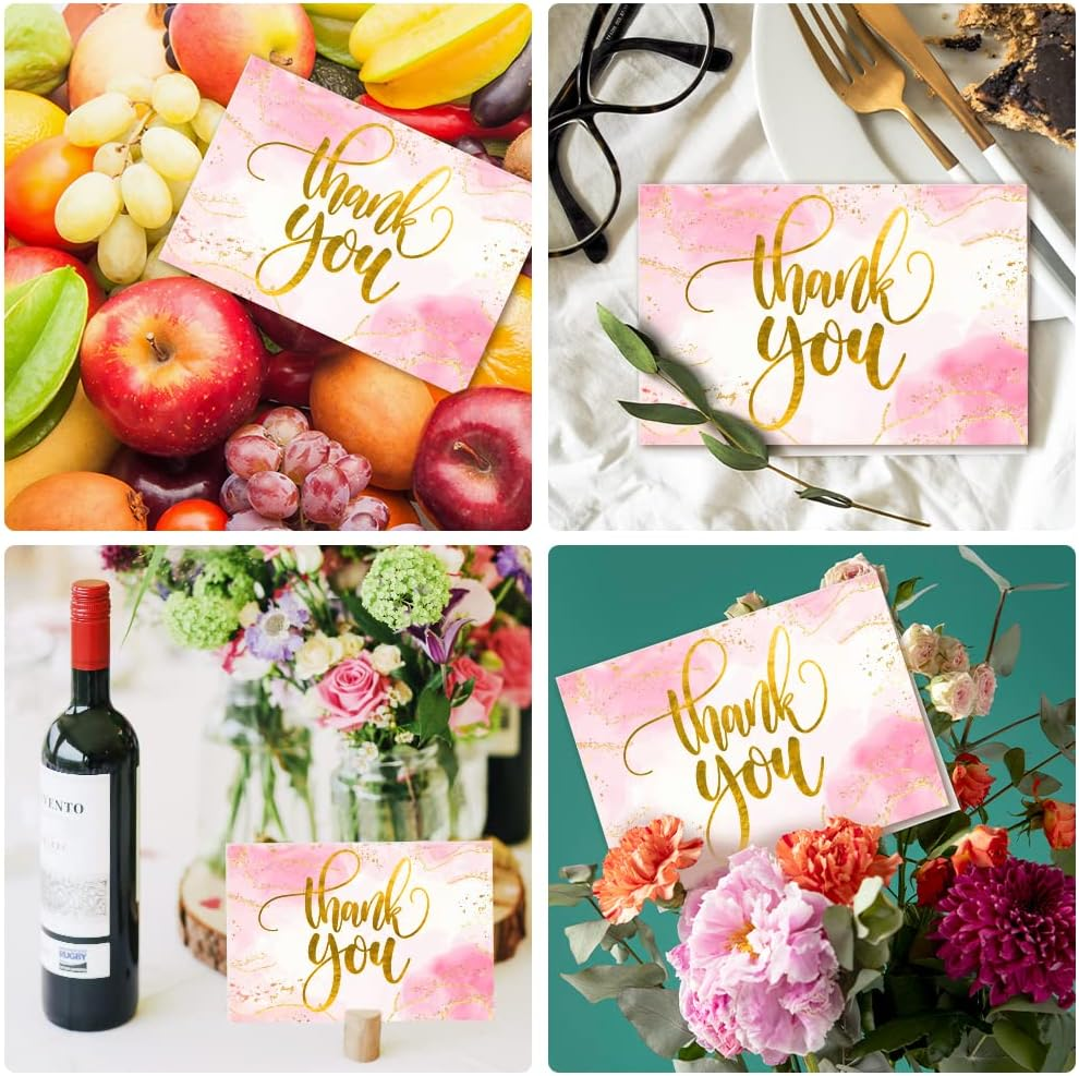 40 Marble Thank You Cards with Envelopes | Gratitude Thank You Cards Bulk | Pink and Gold Foil Thank You Notes Perfect for Girl&rsquo;S Baby Shower, Wedding & Bridal Showers | Pink Envelopes & Floral Stickers Included - Gold,Pink image number 2