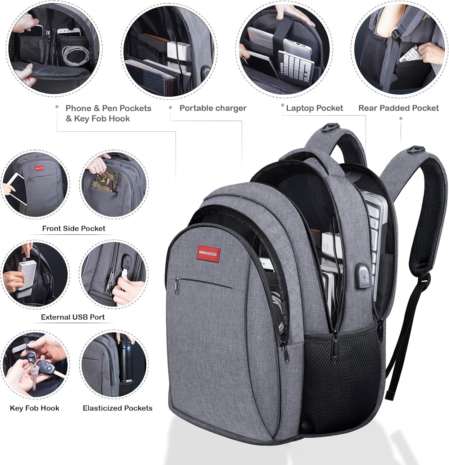 RAXCO Laptop Backpack,Waterproof Travel Backpack with USB Charging Port,Computer Backpack Fits 17'' Laptops for Business College - Black image number 3