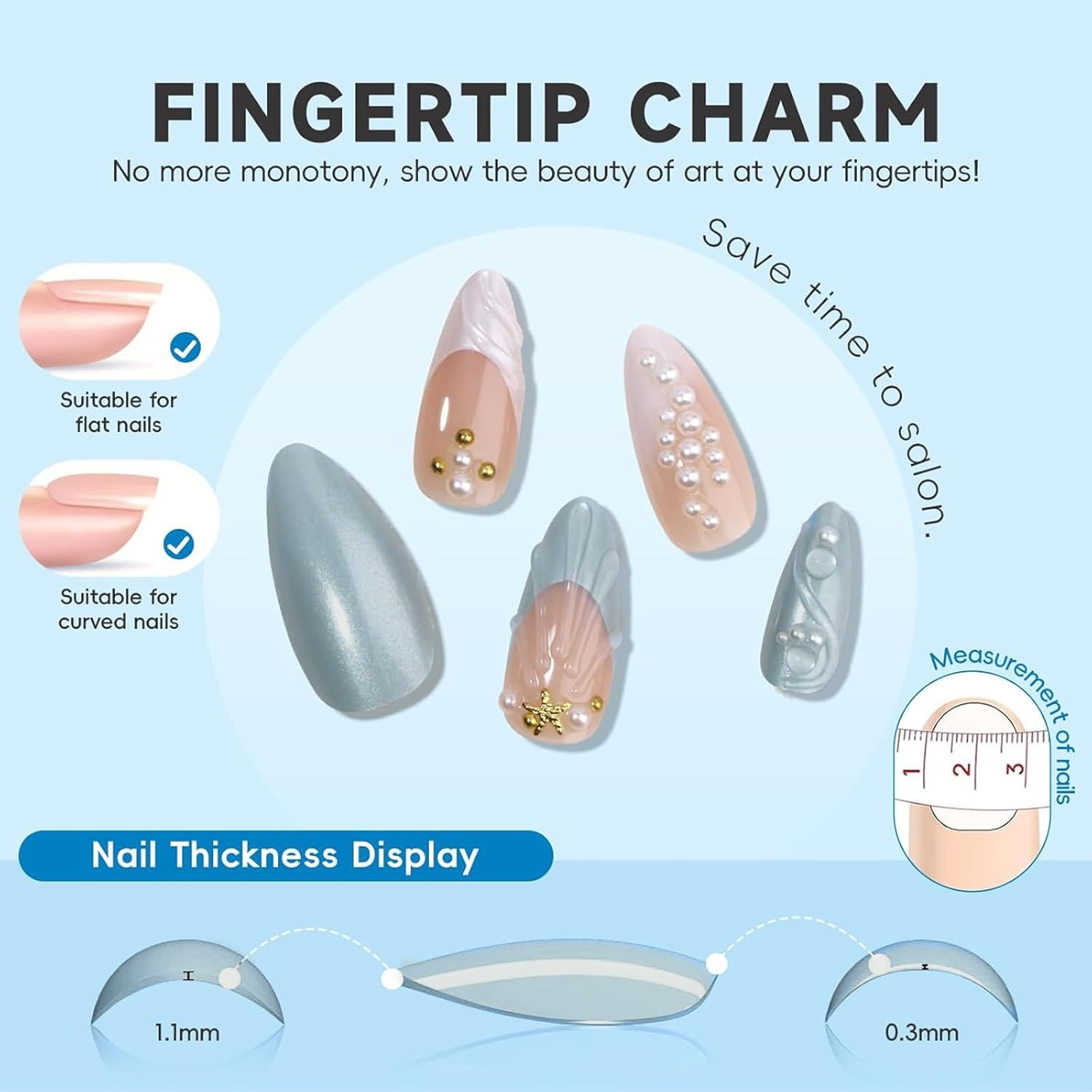 Kzvsiy 24 Pcs Full Cover Almond Press-On Nails, Beach Blue & White Ombre with 3D Shell, Star, and Pearl Designs, Medium Stick-On False Nails for Women image number 4