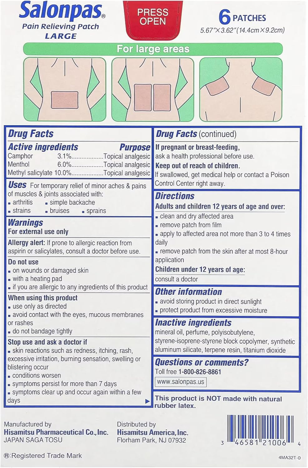 Salonpas Pain Relieving Large Patches 5.67"X 3.62" 6 Ea (Pack of 3) image number 4