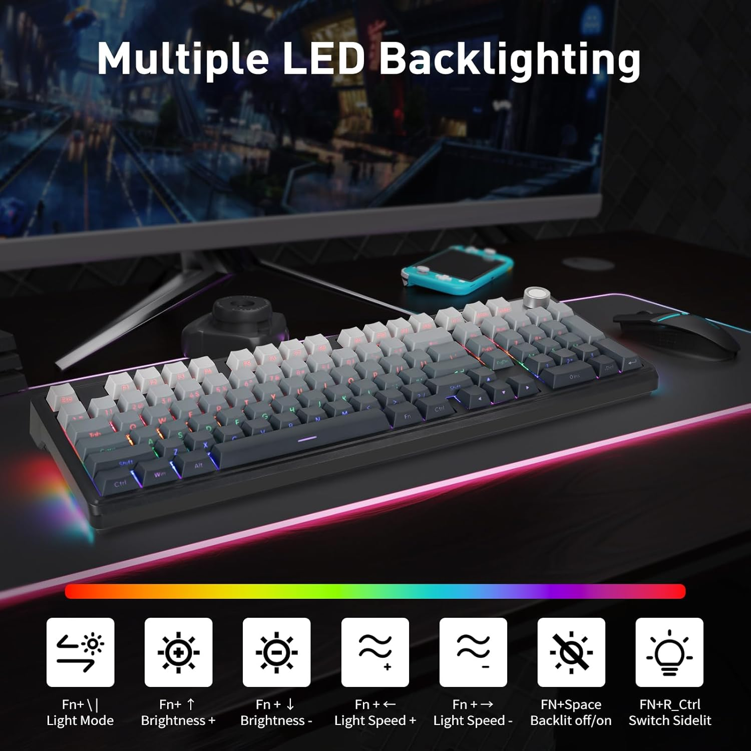 HUO JI Wireless Mechanical Gaming Keyboard with Knob, Bluetooth 5.0/2.4Ghz/Usb-C Wired, Hot Swappable Red Switches, Anti-Ghosting, Led Backlit Sidelit, 96% Computer Keyboard for PC Gamer (Grey) image number 2