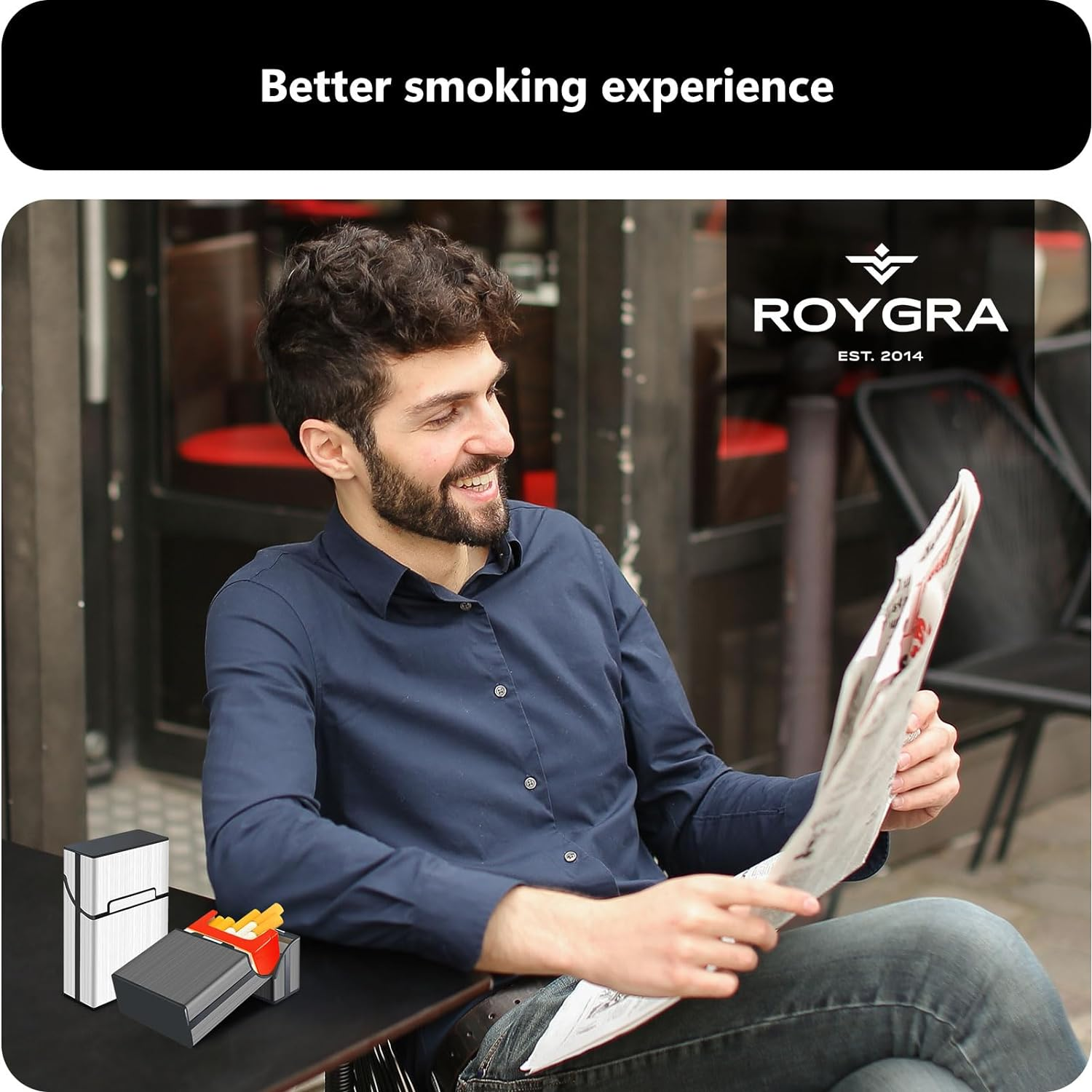 Roygra Cigarette Case, Magnetic Brushed Aluminum, 20 Capacity - 2 Pack (Gray + Silver, 85Mm King Size) image number 2